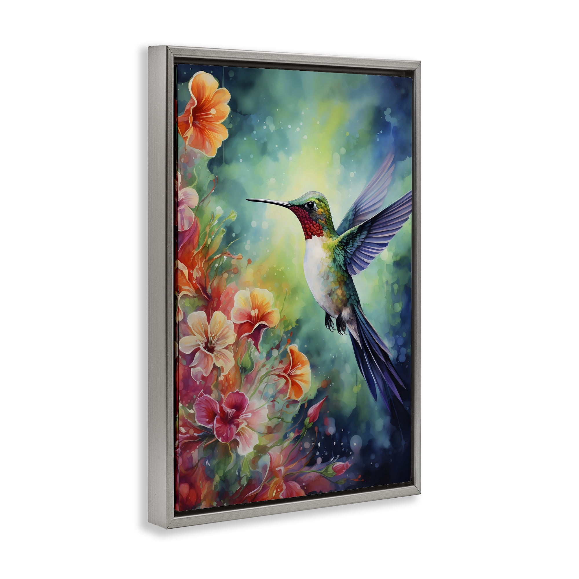 Stupell Industries Fluttering Hummingbird & Radiant Blossoms Gray Framed Floater Canvas Wall Art, design by Creative Studio