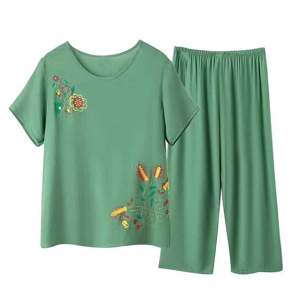Penkiiy Womens Pajama Sets Short Sleeve Top and Capri Pants with Pockets Sleepwear Set Two Piece PJS 3XL Green