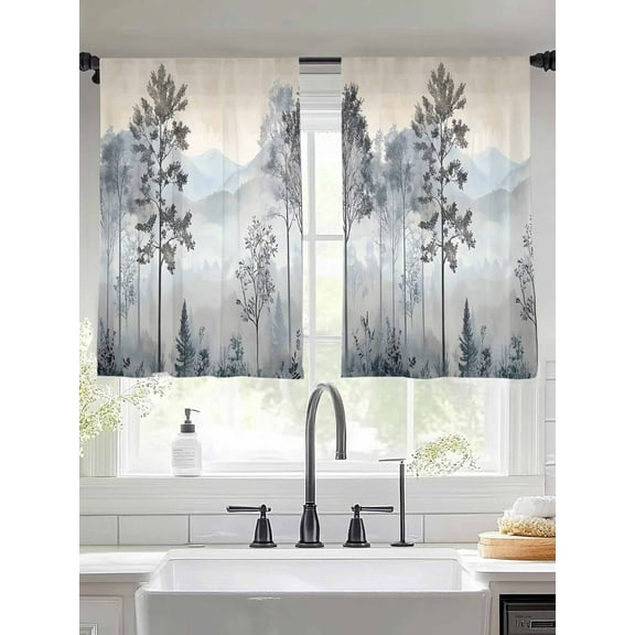 Watercolor Forest Sheer Curtains for Living Room Bedroom Vintage Mountain Branches Tree Sheer Curtains 45 Inch Long 2 Panels Set Light Filtering Curtain Window Treatments Drapes for Dining Room