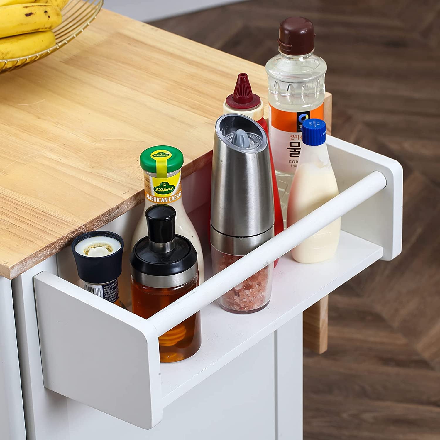 Homrest Kitchen Island with Drop Leaf,Kitchen Cart Rolling Mobile Island with Wooden Countertop, Spice Rack,Adjustable Shelves and Drawers, White