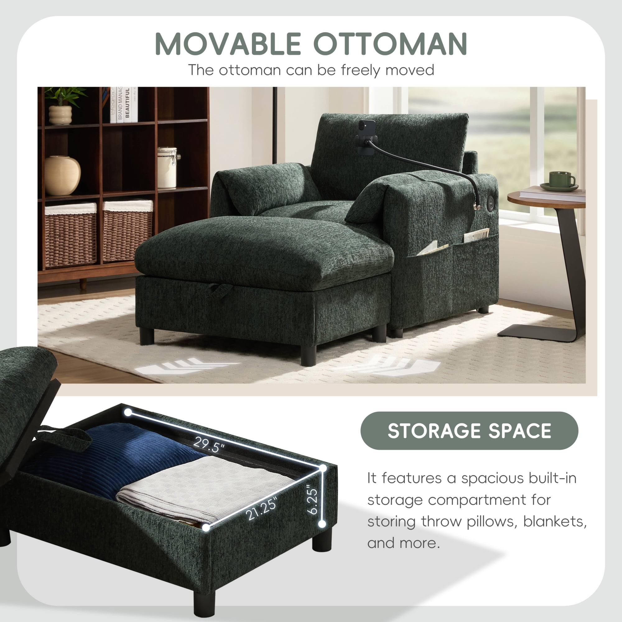 38" Accent Chair with Storage Ottoman, Single Sofa with USB Charger and Phone Holder, Wide Seat Chaise Lounge for Living Room&Apartment,Green