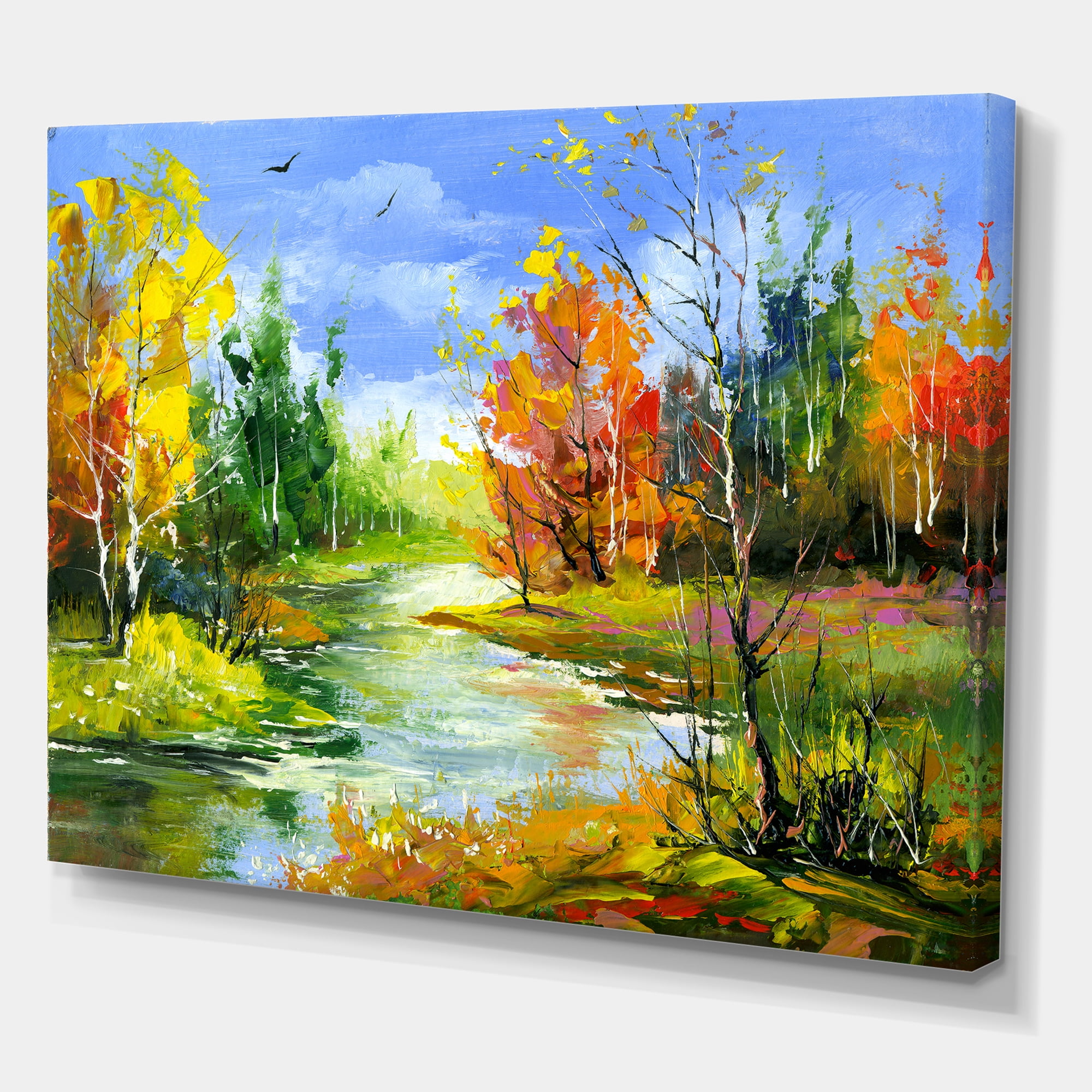Designart ' Autumn Landscape With Forest and River ' Lake House Canvas Wall Art Print