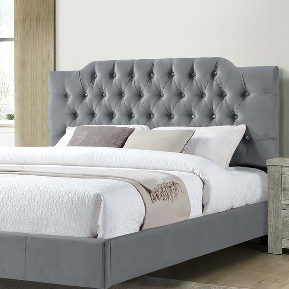 Bed Frame Gorgeous Gray Velvet Queen Size Bed 1pc Bedframe Modern Tufted Upholstered Headboard Bedroom Furniture