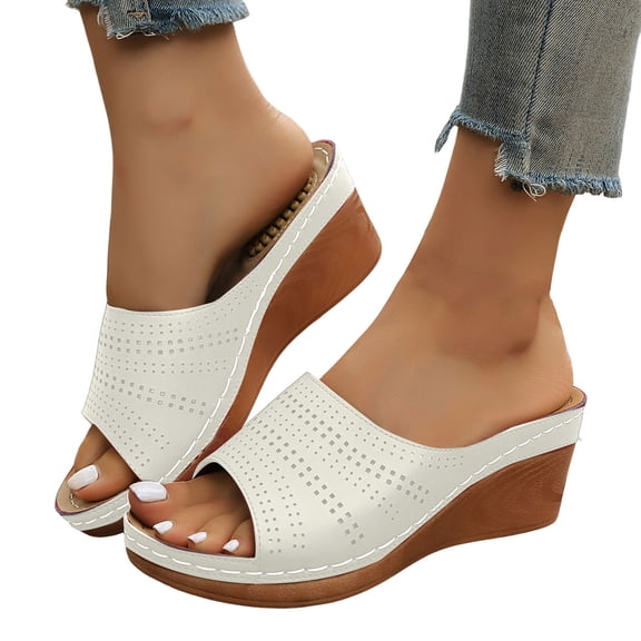 Rokment Womens Orthopedic Platform Wedges High Heels Slides Sandals with Massage Sole 2026 Beach Summer Comfortable Hollow out Leather Arch Support Walking Slip on Dressy Shoes Beige Size 6