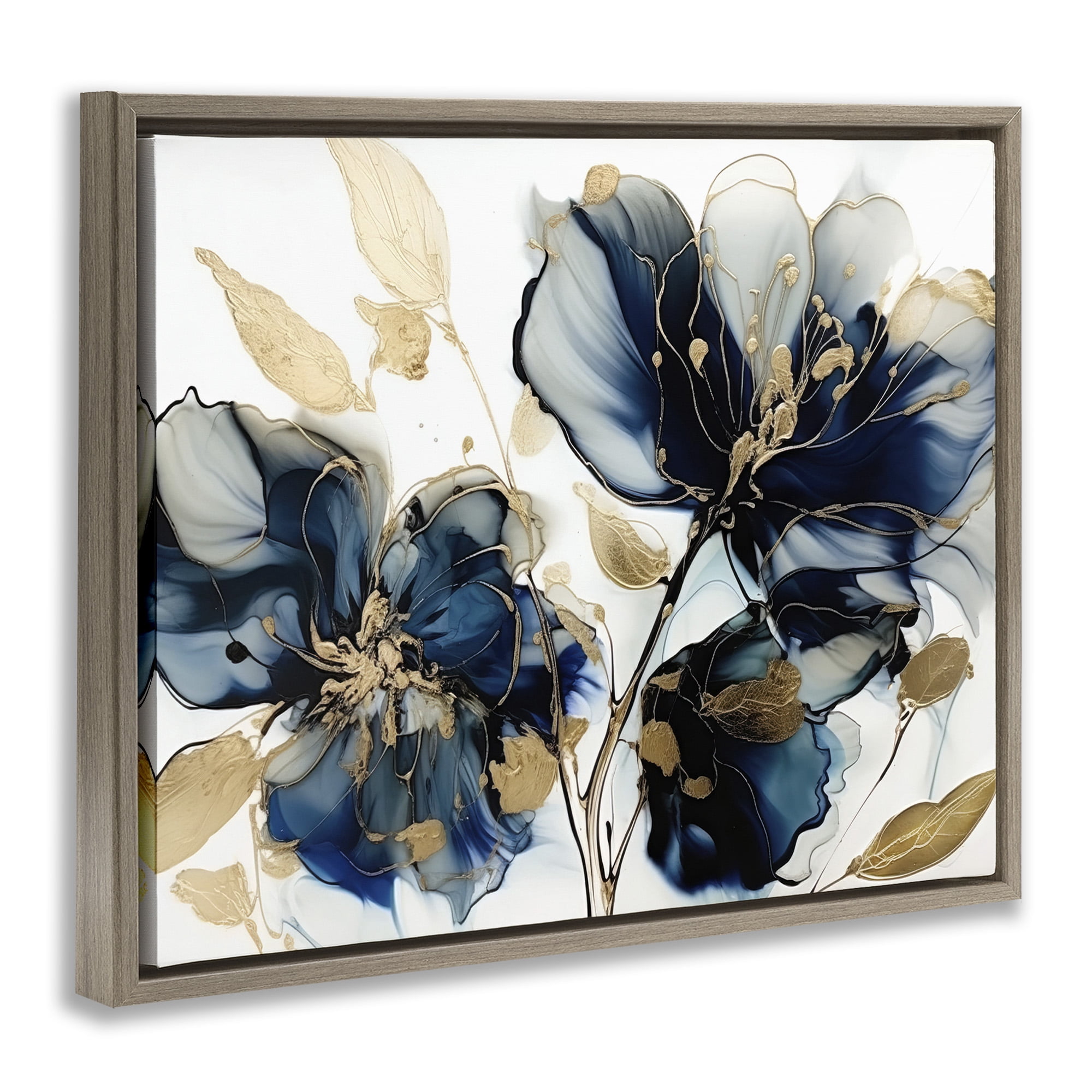 Stupell Industries Blue Swirling Modern Flowers Botanical & Floral Painting Brown Floater Framed Canvas Art Print Wall Art, 21 x 17