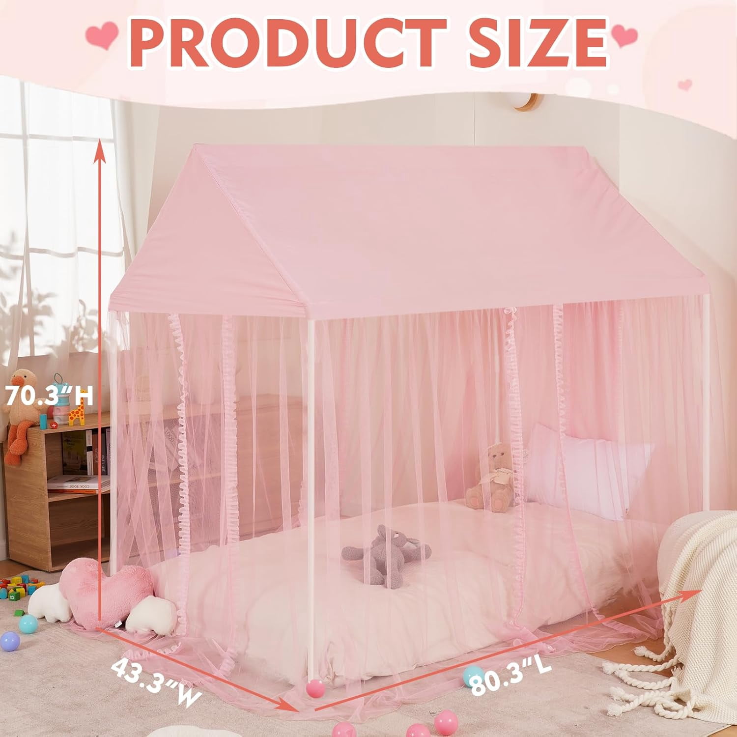 Princess Bed Canopy for Girls - Pink Bed Canopy Princess Castle Dreamy Playhouse Mosquito Net Reading Nook Canopies Play Tent Canopy Bed Curtains for Kids Room(Twin,Full)