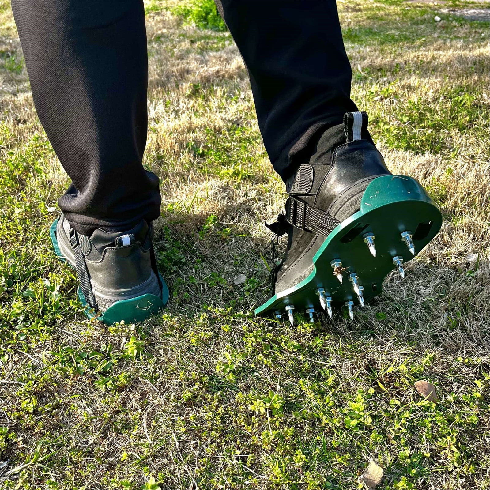 Lawn Aerator Shoes For Soil Yard Tool With Hook & Loop Straps, Garden Lawn Spike Shoes, Lawn Aerator Shoes for Grass - with Adjustable Strap and Heavy Duty Spikes, One-Size-Fits-All Use (Green,1 Set)