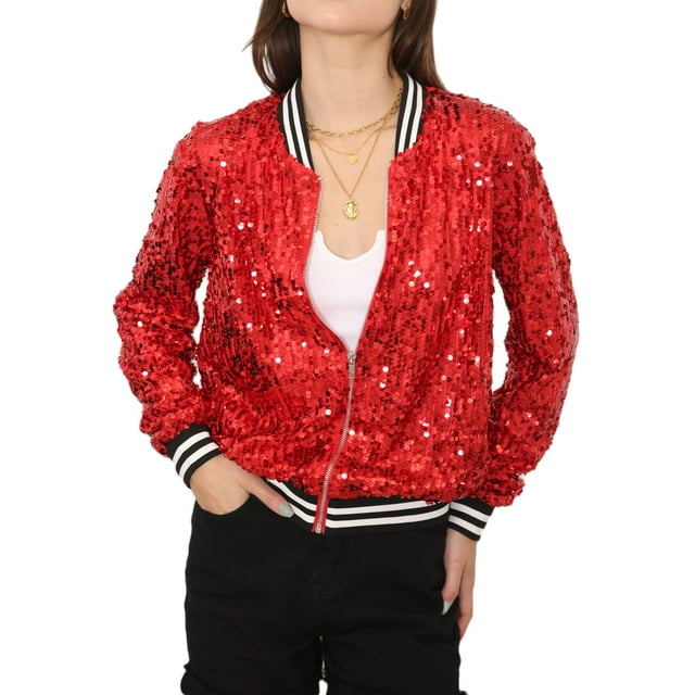 Veste à Paillettes pour Femmes à Manches Longues avec Fermeture Éclair Frontale et Poignets Côtelés