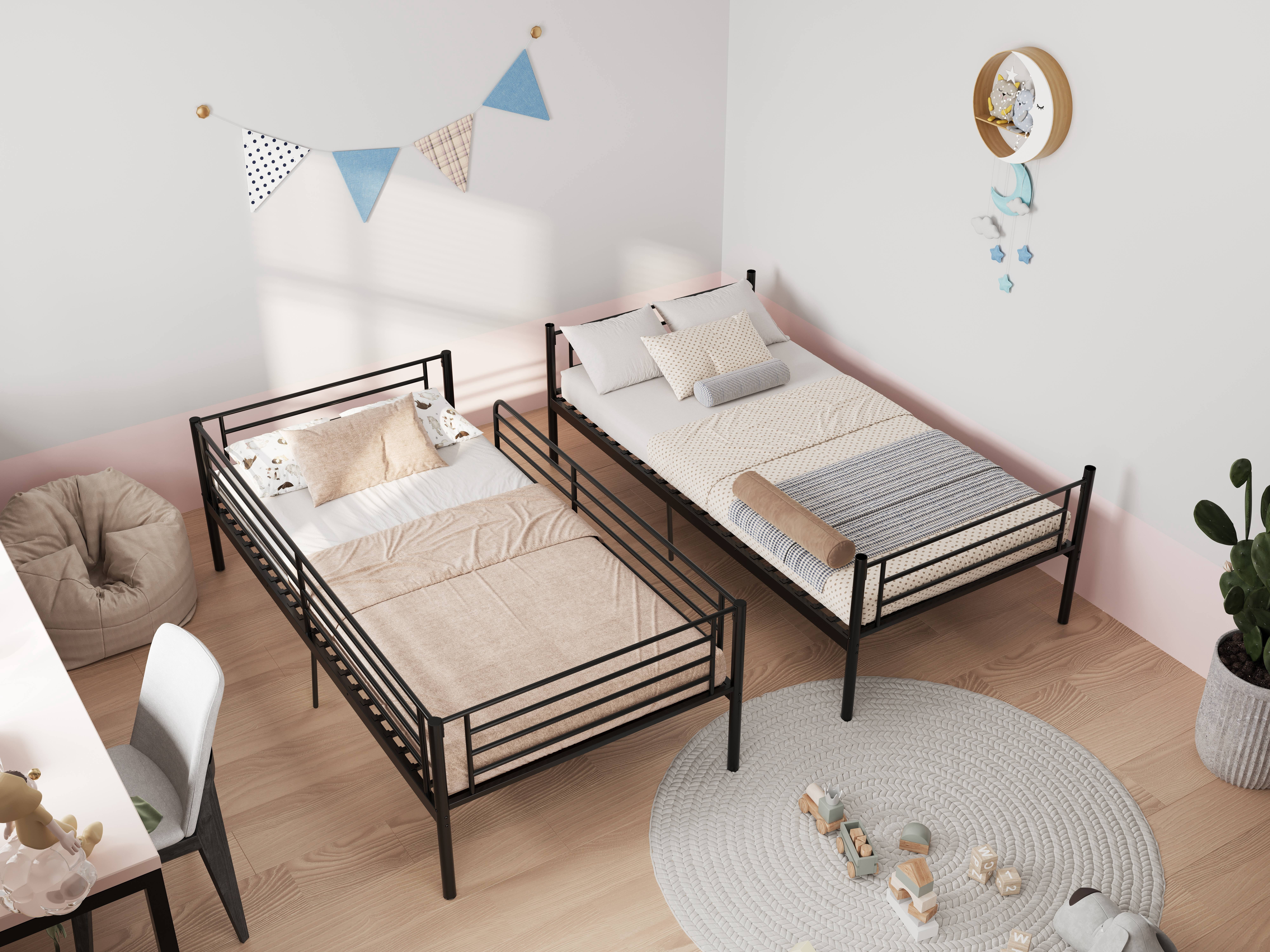 avobird Bunk Bed with Ladder and high Guardrail,19 bed crossbars, Able to Split, Metal Bunk Bed, Storage Space, Noise Free,Twin Over Twin Size,Black