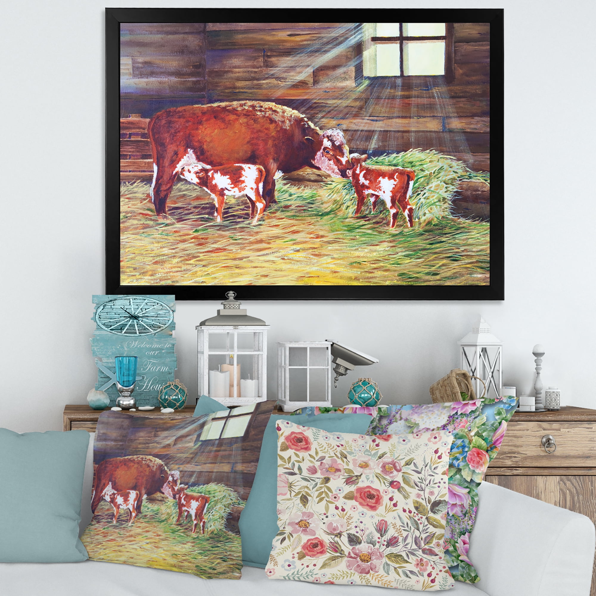 Designart 'Newborn Twin Calves With Cow At The Farm' Farmhouse Framed Art Print