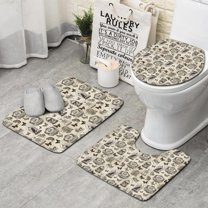 Beige Curiosity Shoppe Pattern Bathroom Rugs Sets 3 Piece,Toilet Cover Set,Absorbent Non Slip Bathroom Mats Sets with U-Shaped Contour Rug Toilet Rug Set