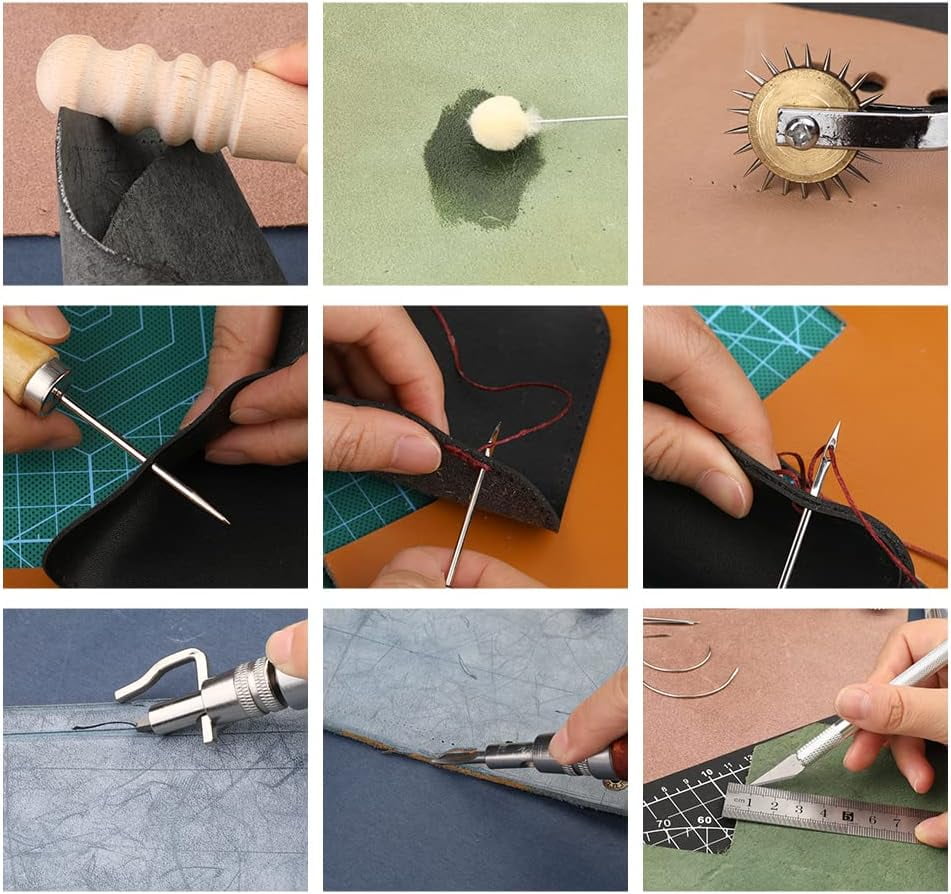 Leather Working Tools, Practical Leather Craft Kit with Waxed Thread Groover Awl Stitching Punch Hole for Leathercraft Beginner or Adults Gifts - Comes with Tool Manual