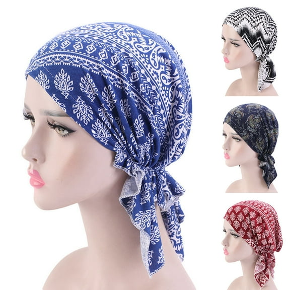 Visland Classic Print Foldable Ethnic Headscarf Cap Cotton Blend Ruffles Edge Stretchy Sleep Beanie Chemo Cap Hair Accessories