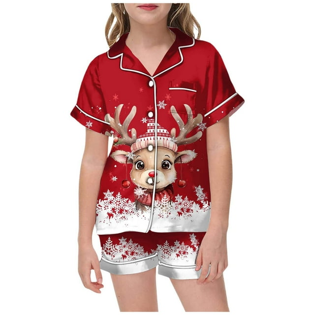 LUOGENLI Pyjama pour Filles Shorts Taille 10 Pyjama de Noël pour Filles Imprimé Haut à Boutons à Manches Courtes Shorts Ensemble de Pyjama pour la Maison Rouge Taille 6-7 Ans