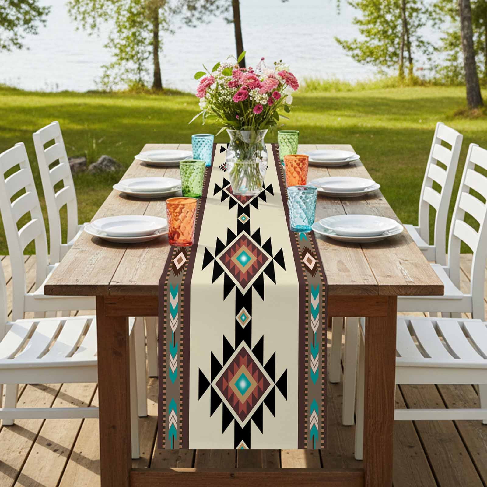 Southwest Geometric Table Runner 108 Inches Long,Brown Mexican Aztec Boho Tribal Cotton Linen Table Runners Dresser Scarves,Decorative Tabletop Scarf Furniture Cover for Home Dinner Party 13"x108"