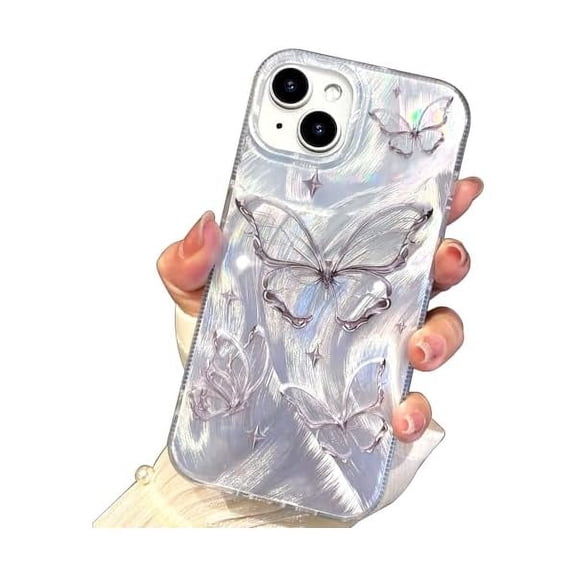 FU1999 Compact Case for iPhone 14 Plus Shiny Silver Butterfly Design,Cute Trendy Soft Slim TPU Shockproof Protective Phone Cases Cover for Women Girls Aesthetic Glitter