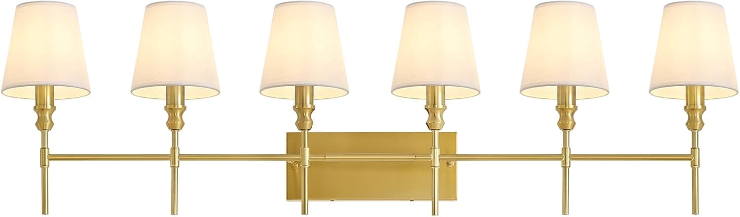 6-Light Vanity Lights for Bathroom,41 in Vintage Black Bathroom Vanity Light Fixtures,with Flared White Fabric Lampshade for Bedroom,Living Room,Foyer,Hardwired,E12 Base