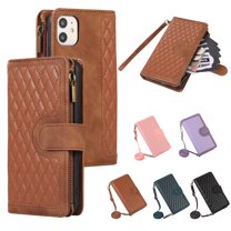 ELEHOLD Wallet Case for iPhone 11 6.1",Premium Leather Argyle Pattern 9 Card Slots Zipper Pocket Kickstand Crossbody Shoulder Strap Wriststrap Luxury Purse Case for iPhone 11,Brown