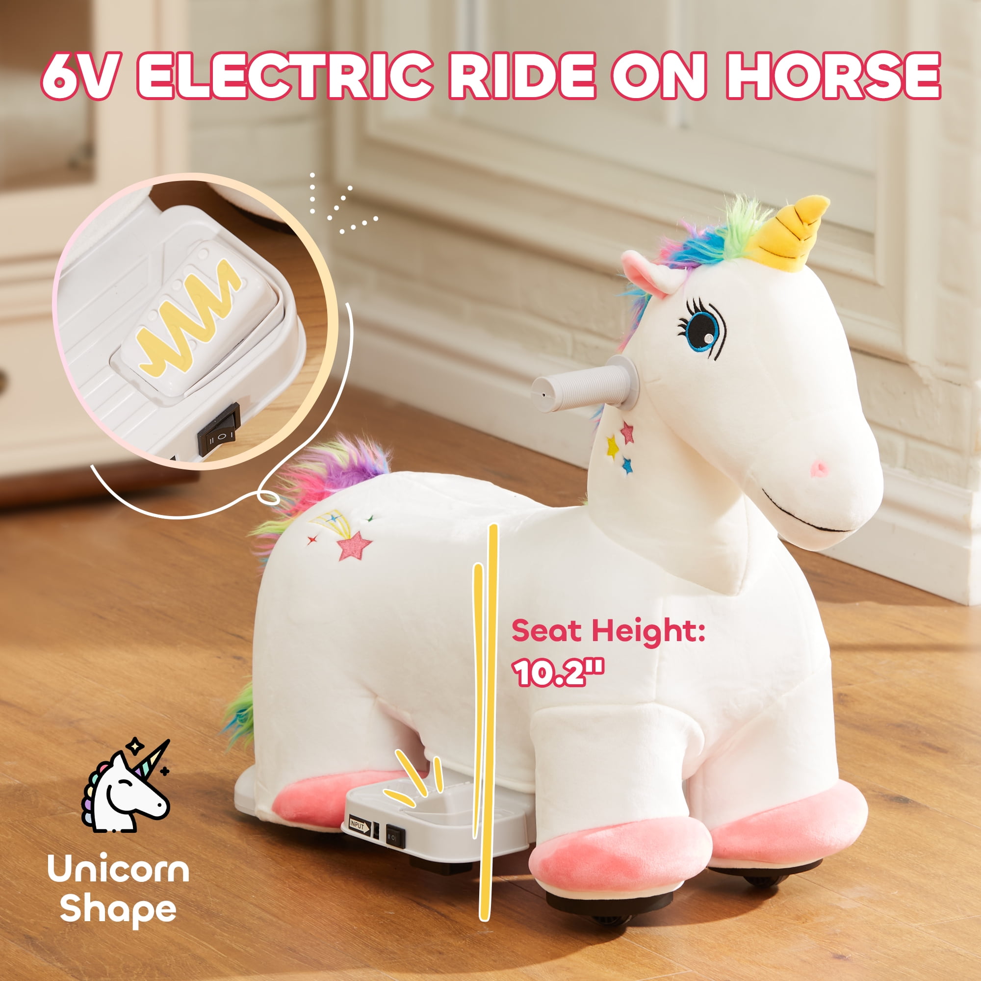 Qaba Ride on Unicorn, 6V Battery Powered Kids Electric Ride on Animal Toy with Music Forward, Foot Pedal for Girls Boys Aged 18-36 Months, White