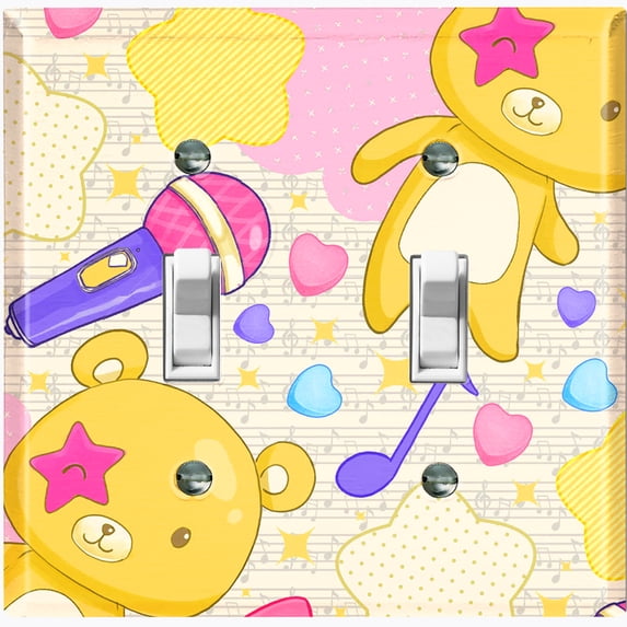 Metal Light Switch Wall Plate Outlet Cover (Yellow Teddy Bear Karaoke Hearts Music Bow - Double Toggle)