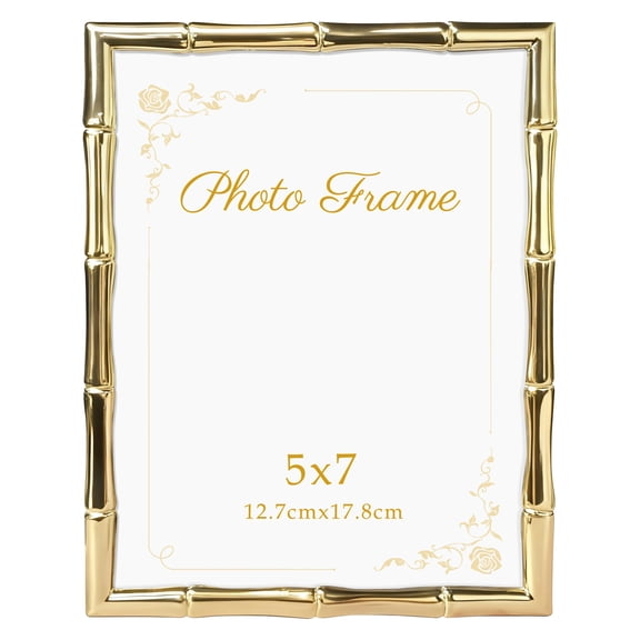 Picrit 5x7 Gold Metal Picture Frame, Bamboo Design with Real Glass Front, Tabletop & Wall Mount Display, Horizontal or Vertical Home Decor Frame