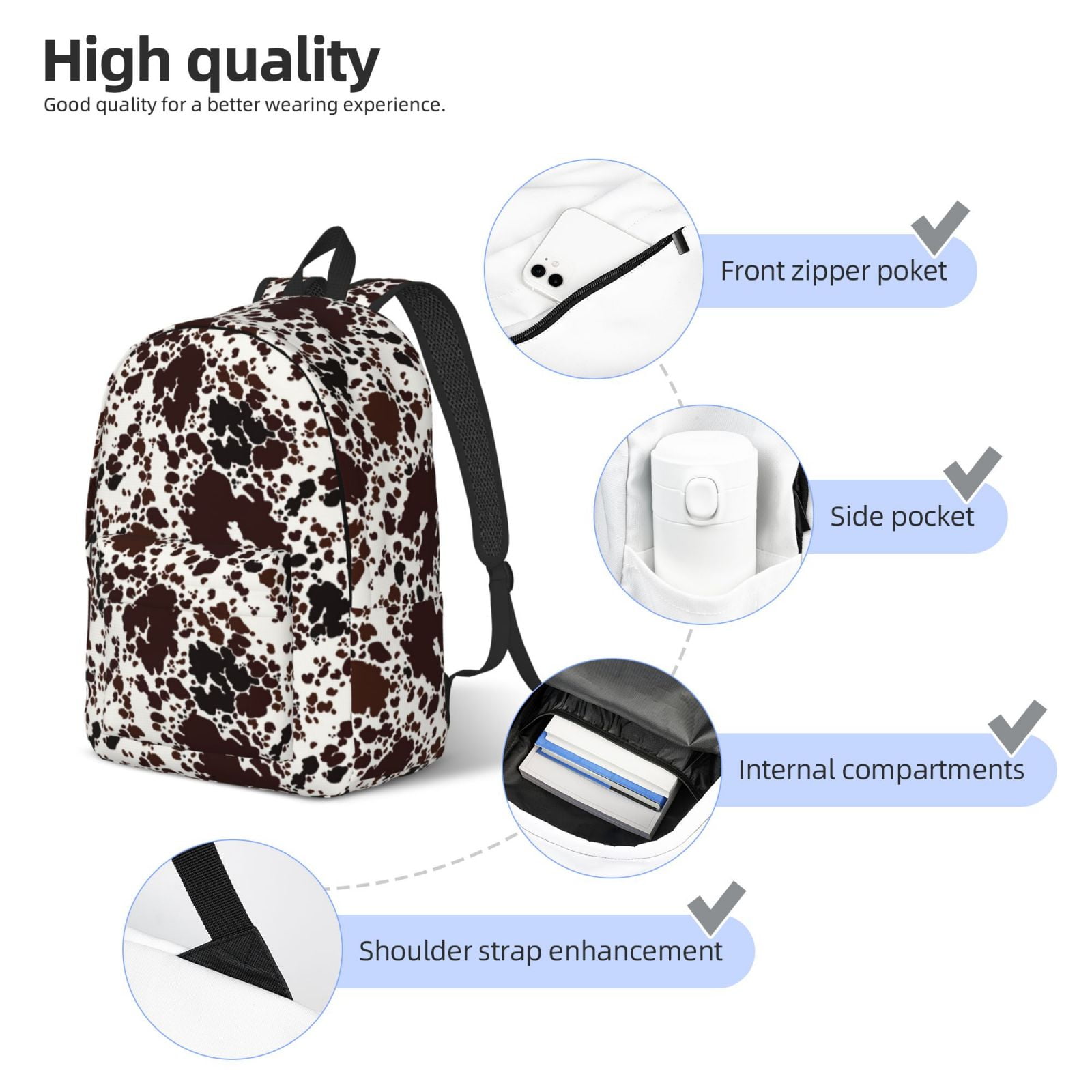 Ratiio Cow Skin Print Canvas Backpack for Women & Men Retro Aesthetic Rucksack Basic Backpack for High School/College Students Travel Laptop Bag