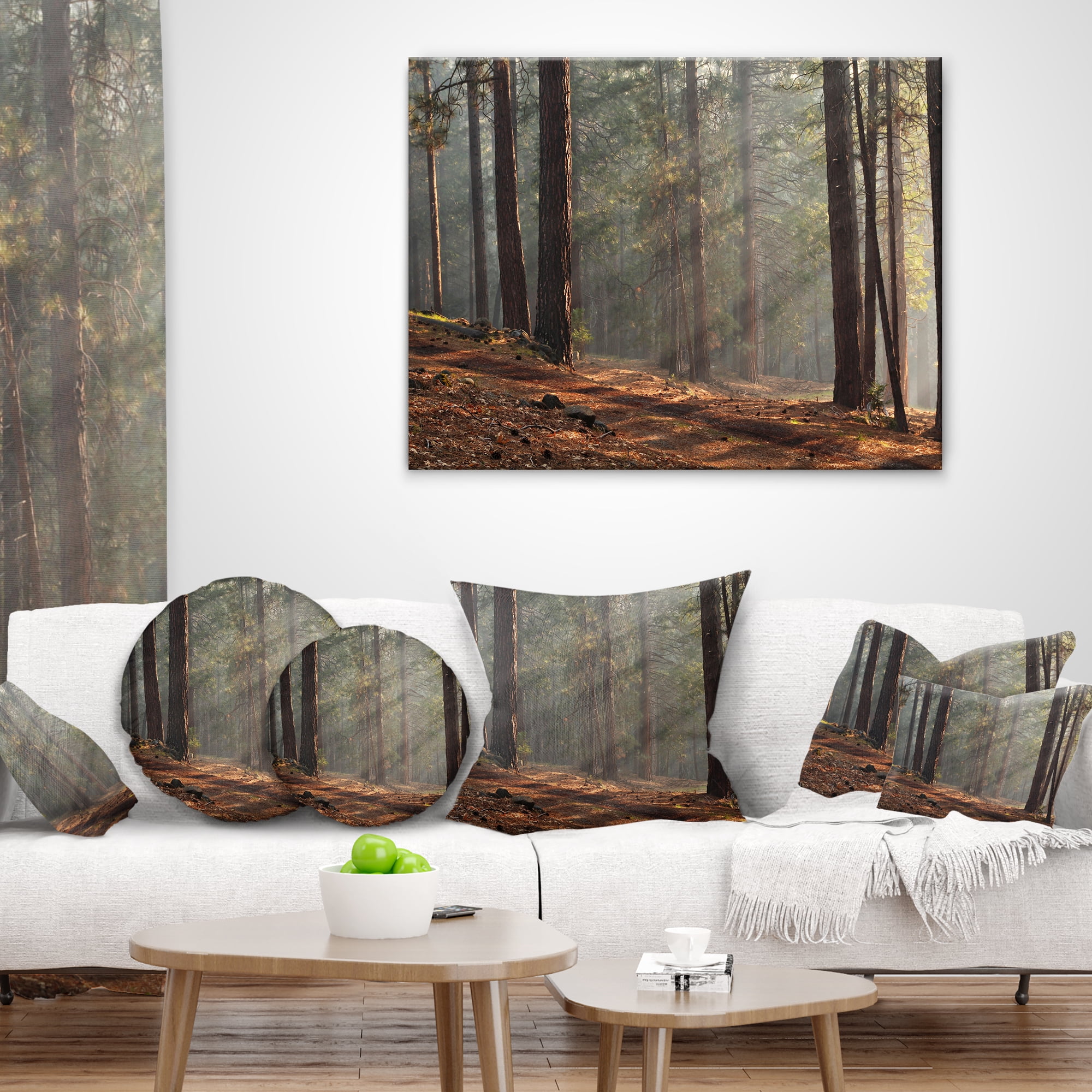 Designart Rays of Sun in Dense Forest - Landscape Photo Throw Pillow - 16x16