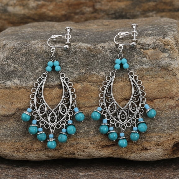 Clip on 3 1/4" long silver cutout and turquoise bead dangle earrings