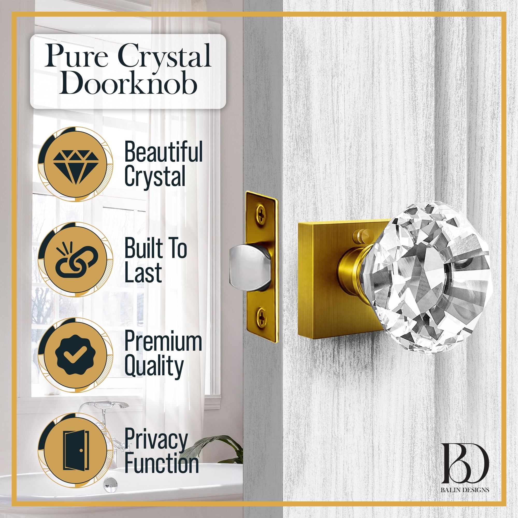 Balin Designs Gold Crystal Door Knobs with Lock, Glass Door Knobs Interior Privacy Set, Square Brass Vintage Decorative Antique Style Handle for Bedroom, Bathroom, Closet, 1 Pack