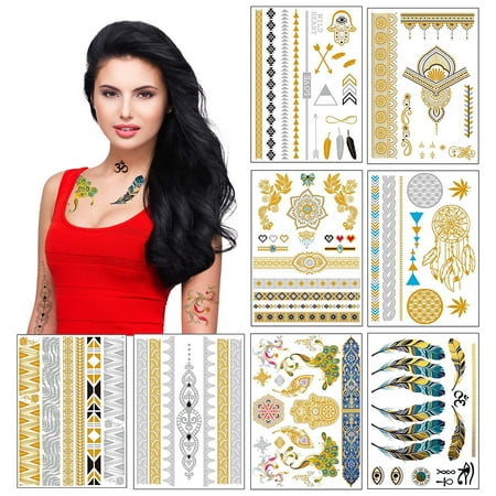 Metallic Temporary Tattoos for Women Teens Girls - 8 Sheets Gold Silver Temporary Tattoos Glitter Shimmer Designs Jewelry Tattoos - 100+ Color Flash Fake Waterproof Tattoo Stickers (Mustique)