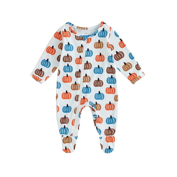 Newborn Baby Girl Boy One Piece Jumpsuit Halloween Pumpkin Print Long Sleeve 2 Way Zipper Footies Pajamas Sleepers Fall Romper