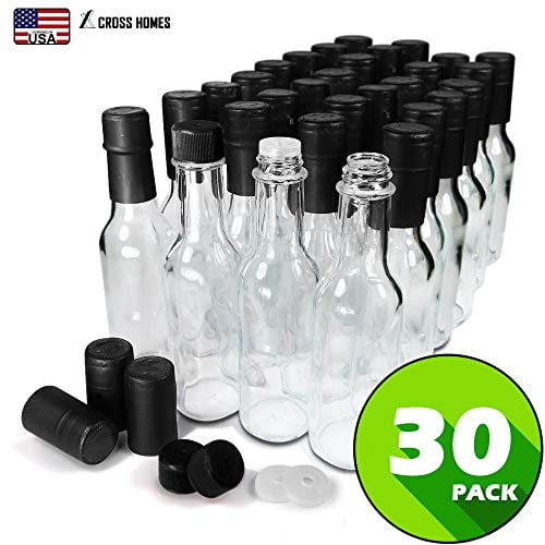 Leak Proof Screw Cap Hot Sauce Woozy Bottles Empty 5 Oz Complete Sets of Premium Commercial Grade Clear Glass Dasher Bottle with Shrink Capsule Snap On Orifice Reducer Dripper Insert Red 30 Sets