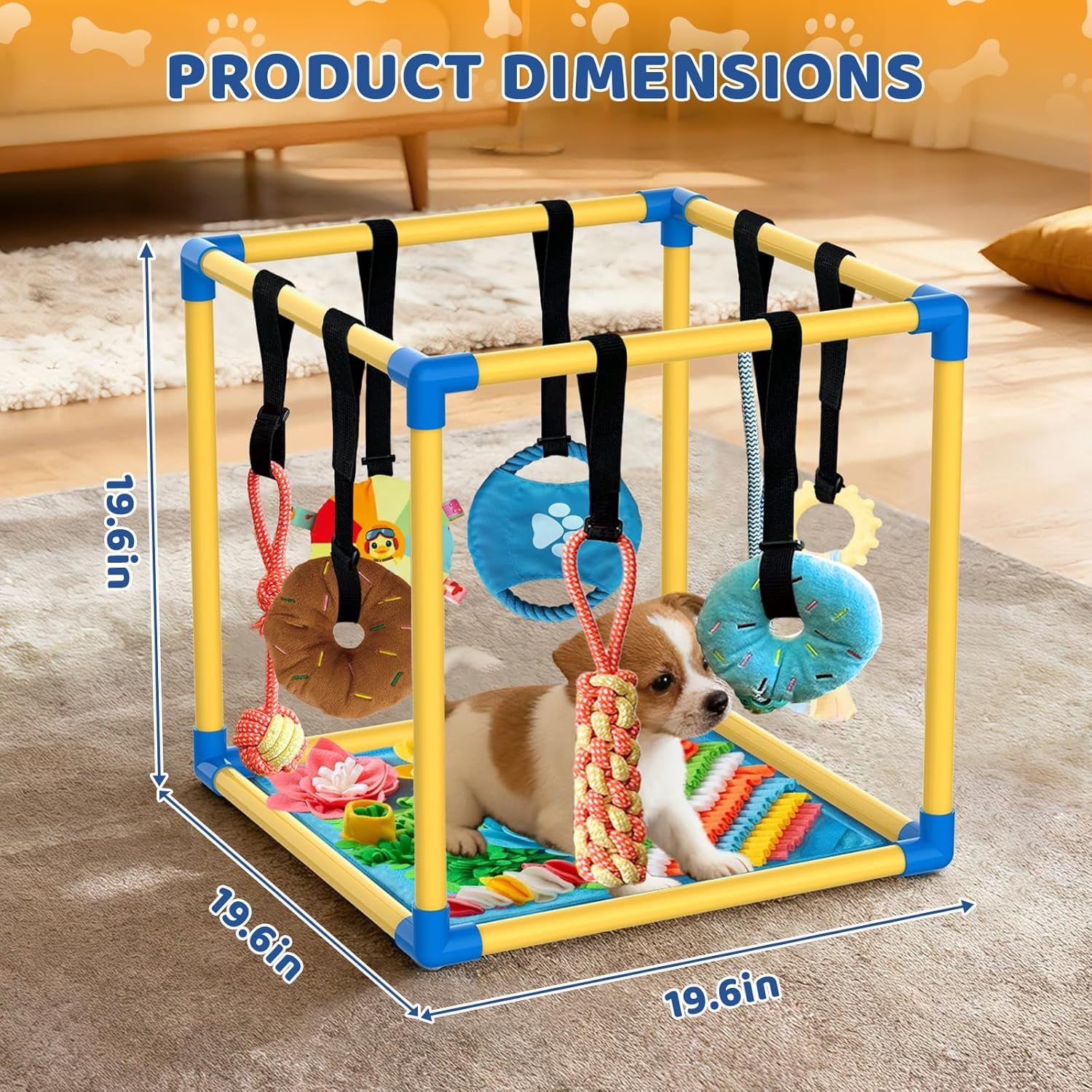 Play Gym for Small Dogs with PVC Frame, 10 Hanging Toys & Stretchy Ropes for Indoor Enrichment Activity