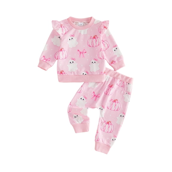 RUINIXCW Baby Girl 2Pcs Halloween Outfits Long Sleeve Bow Ghost Print Sweatshirt Pants Set Toddler Clothes