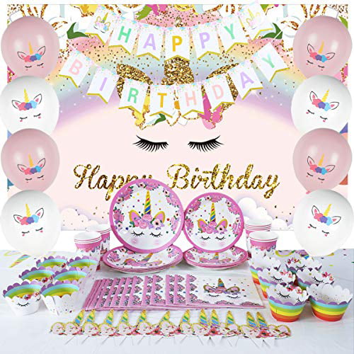Unicorn Themed Birthday Party Plates Supplies Serve 16 Guest