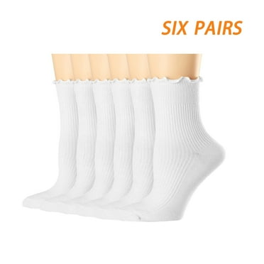 TELOLY 6-Pack Frilly Socks for Women,Candy Color Ruffle Socks,Soft and Durable Mid-Calf Frilly Socks,White