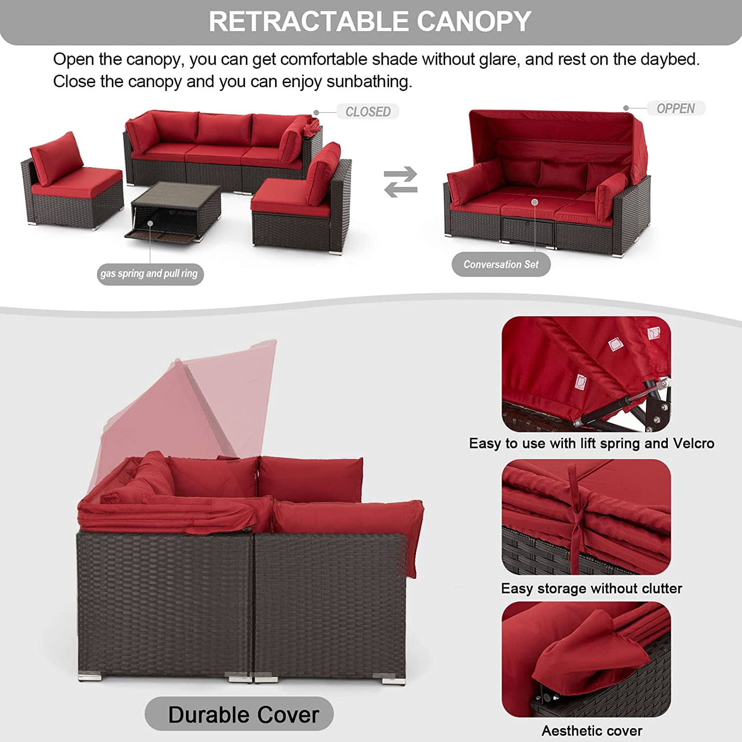 Vicluke Adjustable Backrest Rattan and Steel Outdoor Wicker Daybed, Red