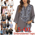 thumbnail image 3 of Grosy Embroidered Tops for Women 3/4 Sleeve V Neck Plus Size Boho Mexican Style Blouse Peasant Tops Women T Shirts Casual Tee Ladies Tunics-M/Gray/372/G, 3 of 9