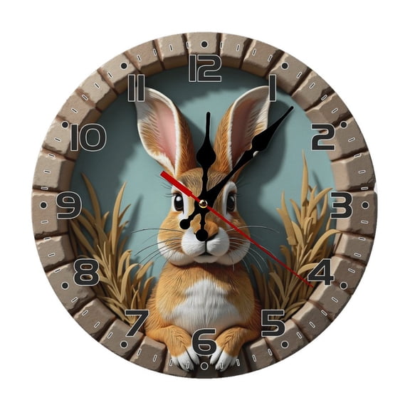 Cute Rabbit Wall Clock 10 Inch Silent Non Ticking Round Wooden Clock Decoration for Living Room Kitchen Bedroom Bathroom Office Classroom
