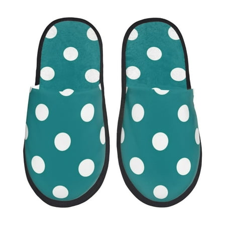 Balery White Polka Dots With Teal Background Slient Indoor Furry Fleece Comfort House Shoes Soft Non-Slip Home Shoes Cotton slippers House Slippers-- Large
