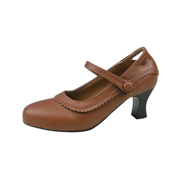 hlysgo Women Kitten Heel Mary Jane Pumps Round Toe Ankle Strap Dress Chunky Heels Sandals Matte Shoes Dress Vintage Brown 38