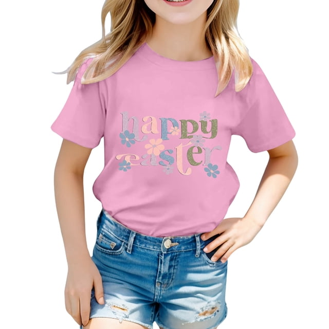 PMVFHDE T-Shirt pour Filles T-Shirts Graphiques Mignons Hauts d'Été pour Filles Enfants Pâques T-Shirt Graphique Mignon Col Rond Manches Courtes T-Shirt Décontracté d'Été Rose, 6-7 Ans