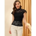 thumbnail image 3 of Blusa Semitransparente Con Cuello Alto Y Manga Corta Con Abertura En La Espalda Y Encaje Para Mujer Negro S, 3 of 6