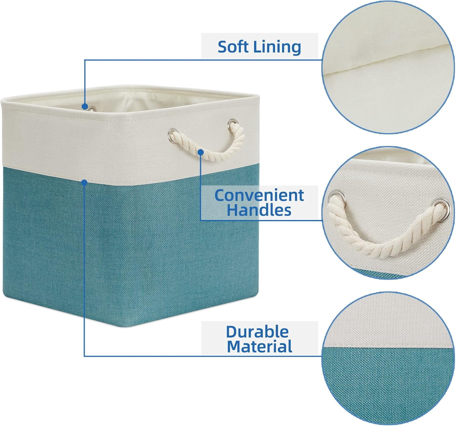 Fabric Storage Baskets Set Of 4 Storage Cube 13x13 Baskets for Shelf, Large Storage Basket for Gift Empty Baskets for Organizing, Storage Bins Cube Basket for Storage (White&Teal)