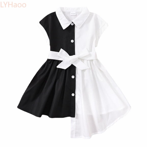 LYHaoo Summer Children's Color Matching Sleeveless Irregular Black White Dress For Children Aged 1 To 6,Casual Floral Dresses Sizes 18-24 Months White