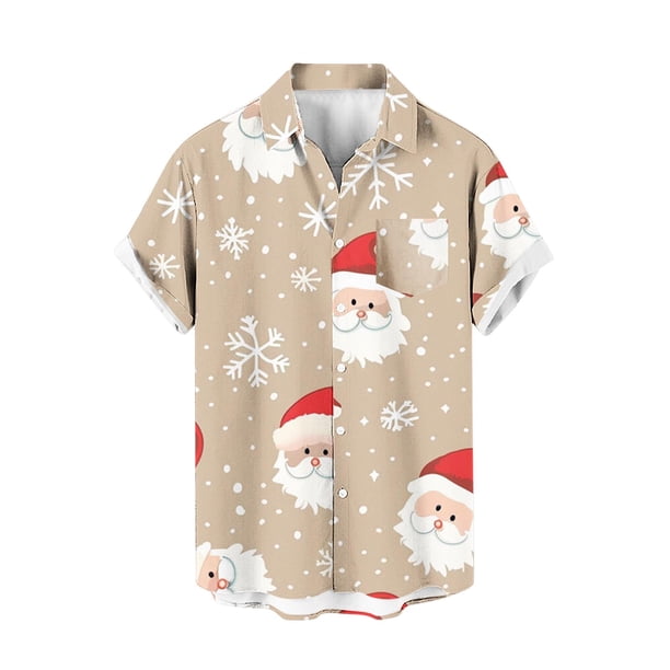 Mens Manga Corta Botón Abajo Camisas, Navidad Impreso Turndown Cuello Blusa, Top de Moda Casual