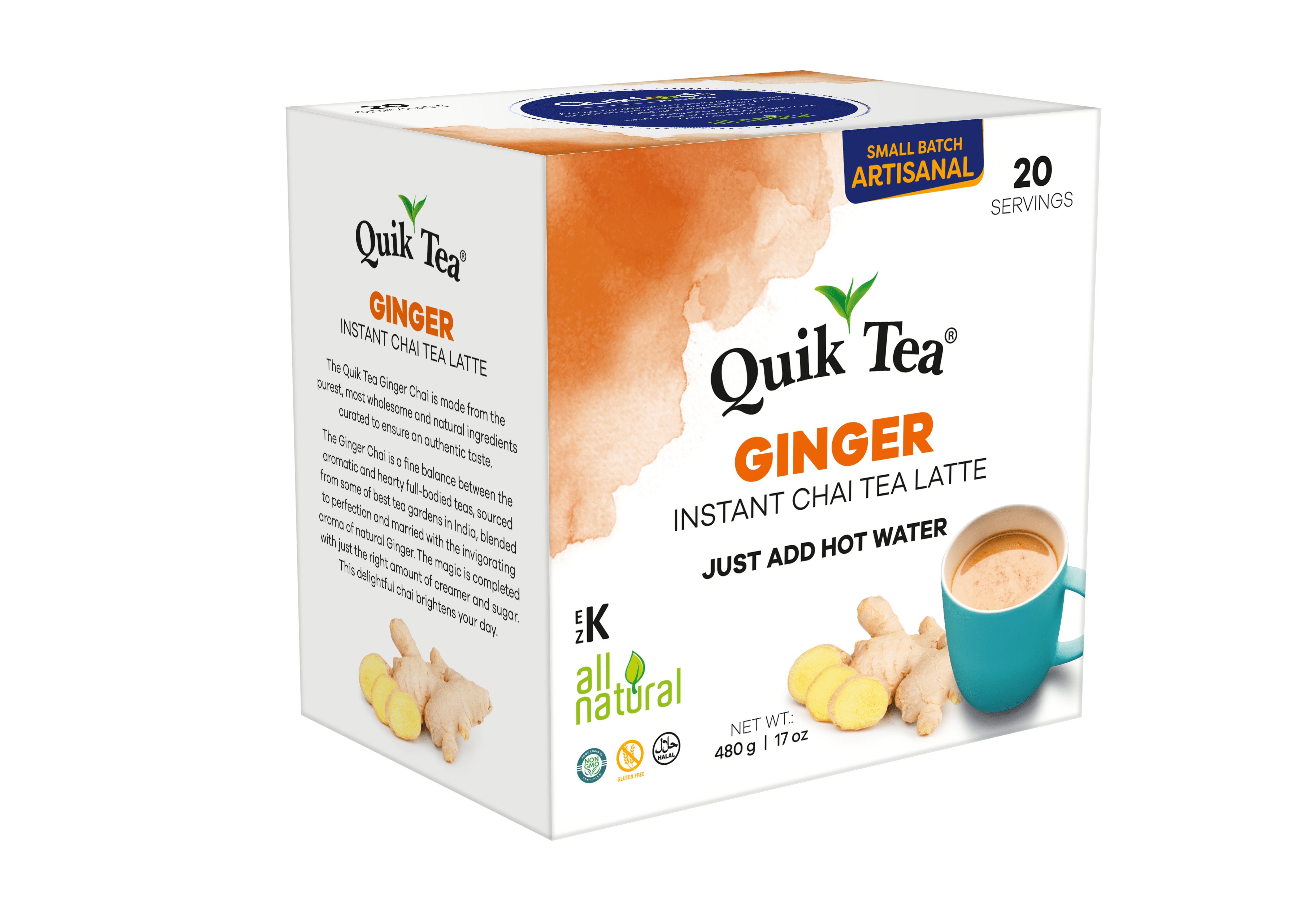 QuikTea Instant Ginger Chai Tea Latte – 20 Count, Zesty Natural Ginger Flavor, low Caffeine, No artificial colors, flavors or preservatives – Just Add Hot Water, Kosher, non-GMO, gluten free