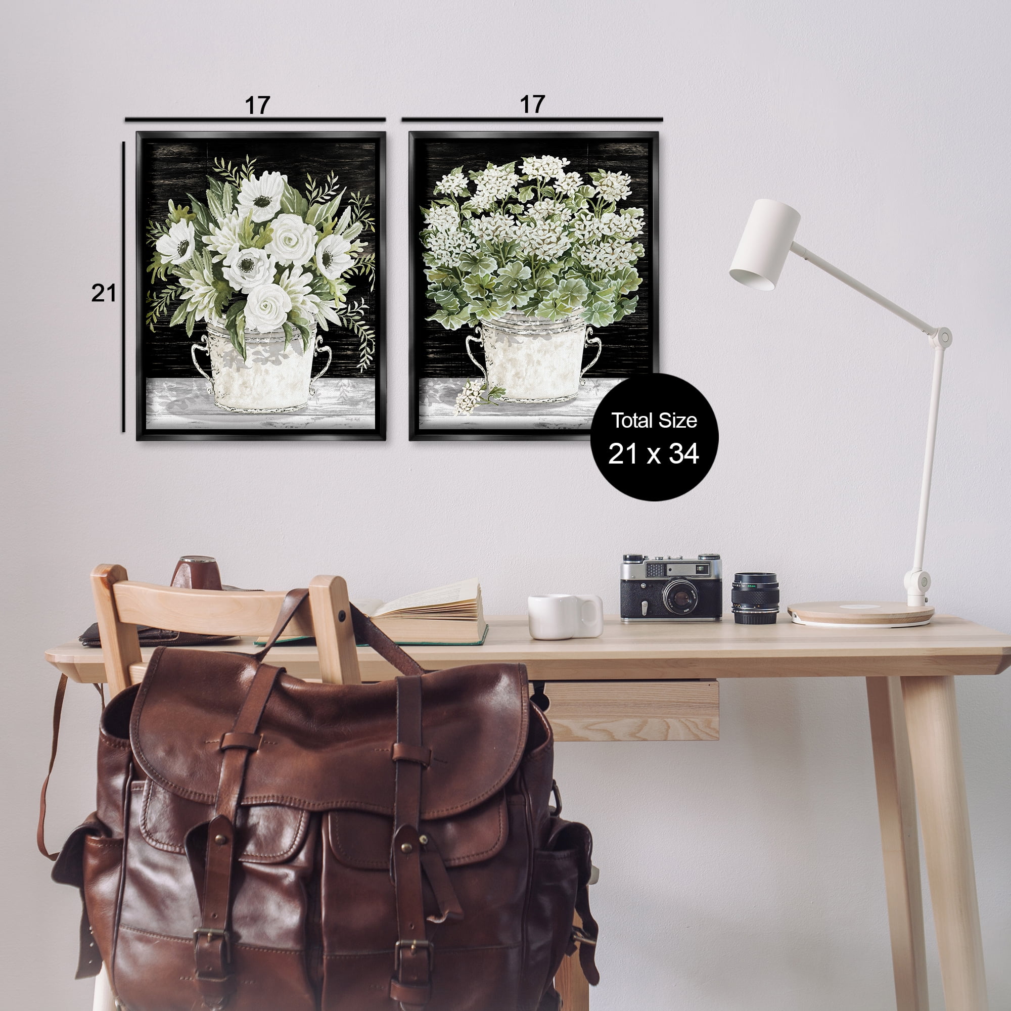 Stupell Industries Country Tins of Flowers Floral & Botanical Painting Black Floater Framed Canvas Art Print Wall Art, 17 x 21, Set of 2