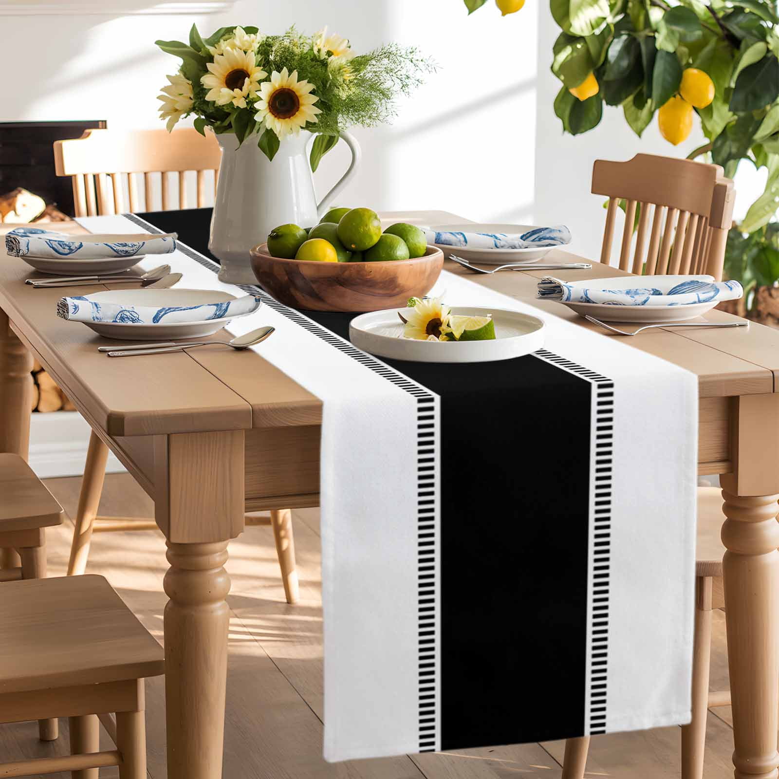 Burlap Table Runner 90 Inches Long, Modern Black Stripe on White Non-Slip Kitchen Table Runners for Dining Room Everyday Use Party Table Decorations Minimalist Geometric Art