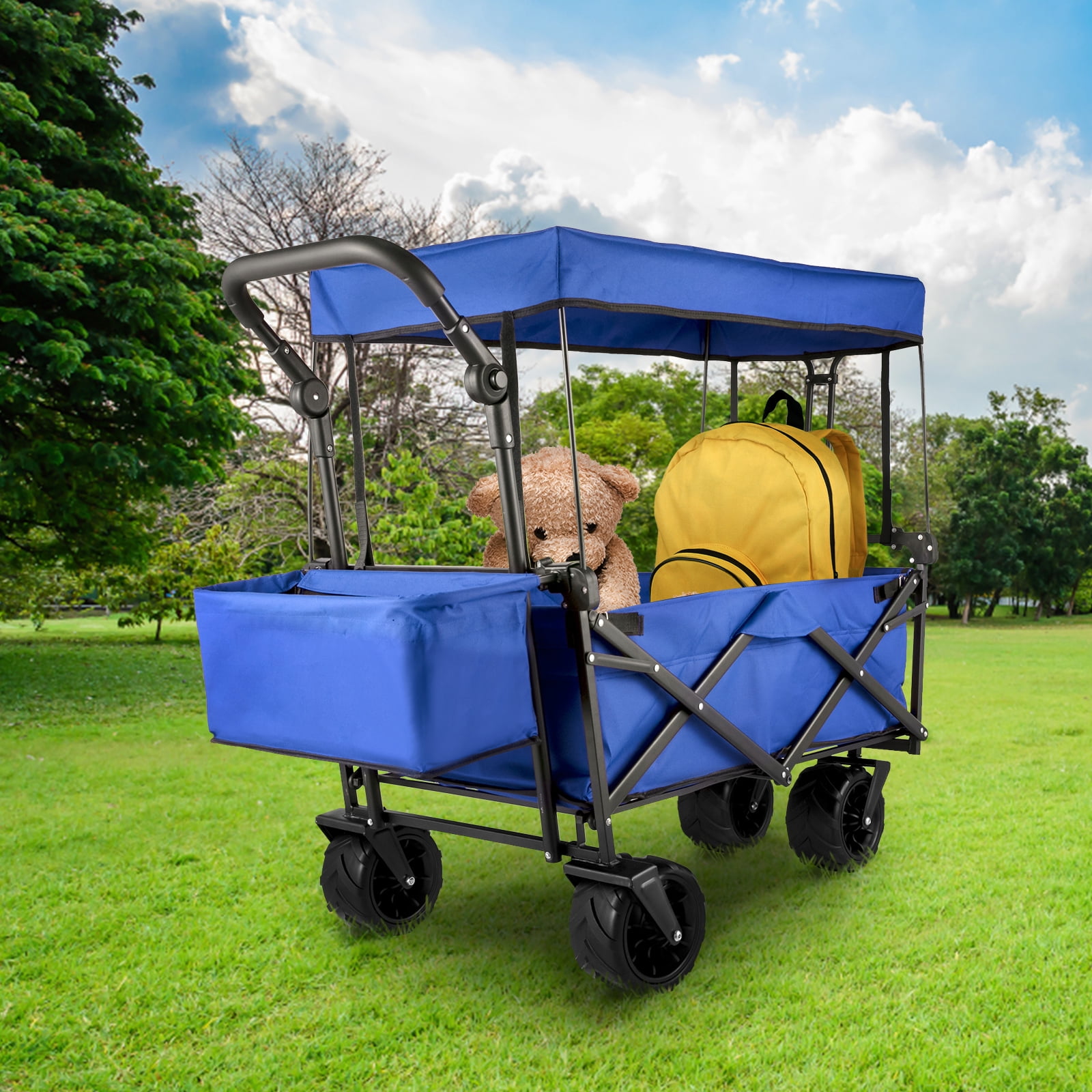 KFFKFF Collapsible Wagon Cart with Removable Canopy, Portable Folding Utility Garden Cart 600D Oxford Cloth Foldable Beach Wagon Cart w/ Oversized Wheels, Adjustable Handles, Rear Storage (Blue)